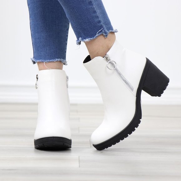 White Synthetic Leather Chunky Lug Block Heel Round Toe Ankle Boots - Picture 10 of 12